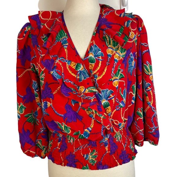 Vintage 80s Susan Tudor Women's red Ruffled Crop puff sleeve size M - Picture 2 of 12